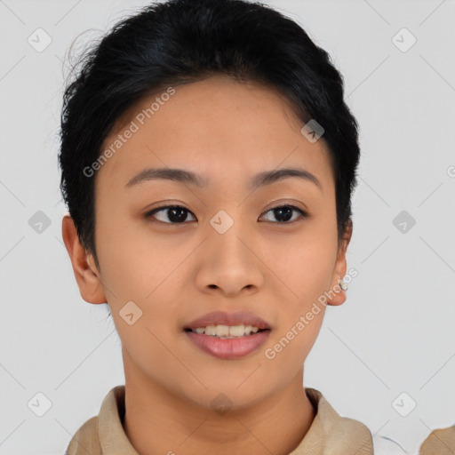 Joyful asian young-adult female with short  brown hair and brown eyes