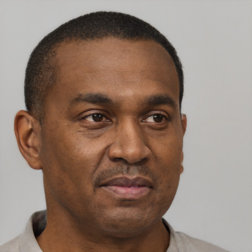 Neutral black adult male with short  brown hair and brown eyes
