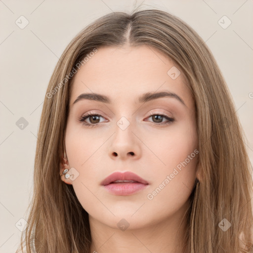 Neutral white young-adult female with long  brown hair and brown eyes