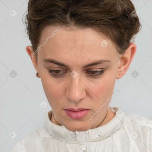 Neutral white young-adult female with short  brown hair and brown eyes