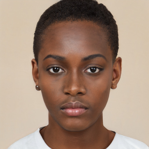 Neutral black young-adult female with short  black hair and brown eyes