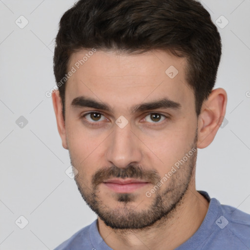 Neutral white young-adult male with short  brown hair and brown eyes