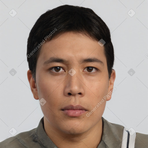 Neutral asian young-adult male with short  black hair and brown eyes