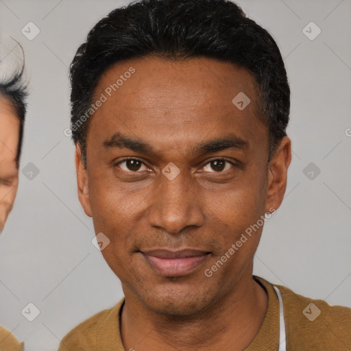 Joyful black adult male with short  black hair and brown eyes