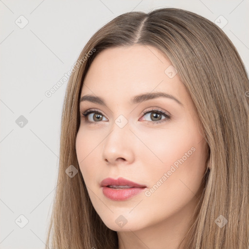 Neutral white young-adult female with long  brown hair and brown eyes