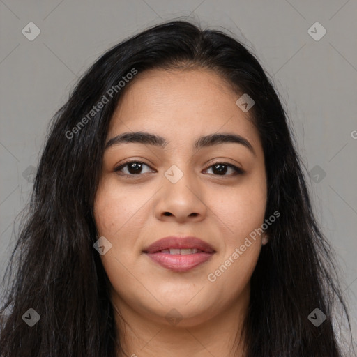 Joyful asian young-adult female with long  black hair and brown eyes