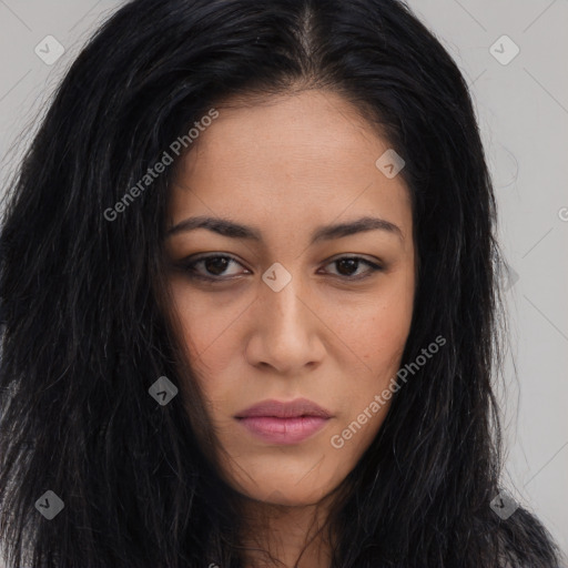 Neutral latino young-adult female with long  black hair and brown eyes