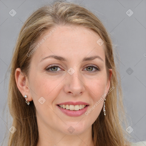 Joyful white young-adult female with long  brown hair and blue eyes