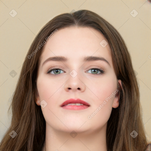 Neutral white young-adult female with long  brown hair and grey eyes