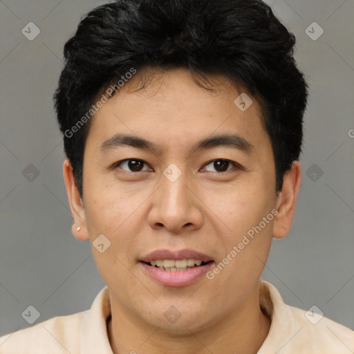 Joyful asian young-adult male with short  brown hair and brown eyes