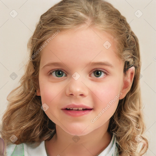 Joyful white child female with medium  brown hair and blue eyes