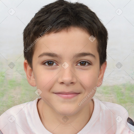 Joyful white child female with short  brown hair and brown eyes