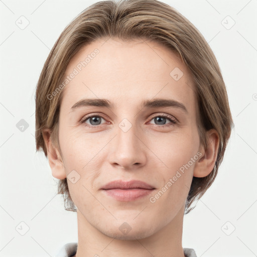 Joyful white young-adult female with short  brown hair and grey eyes