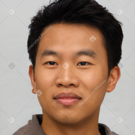 Neutral asian young-adult male with short  black hair and brown eyes