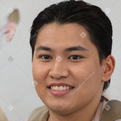 Joyful asian young-adult female with short  brown hair and brown eyes