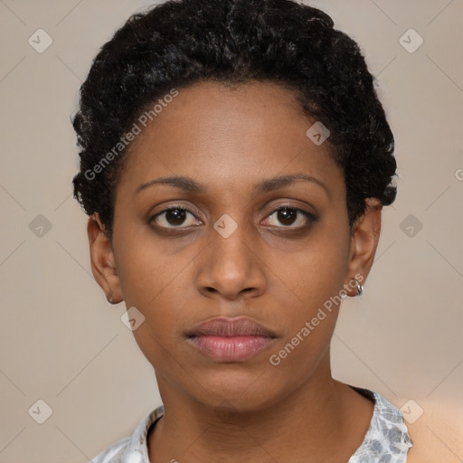 Neutral black young-adult female with short  black hair and brown eyes