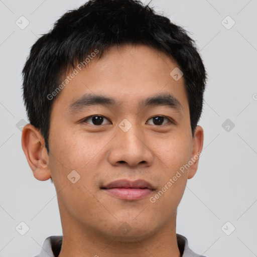 Neutral asian young-adult male with short  brown hair and brown eyes