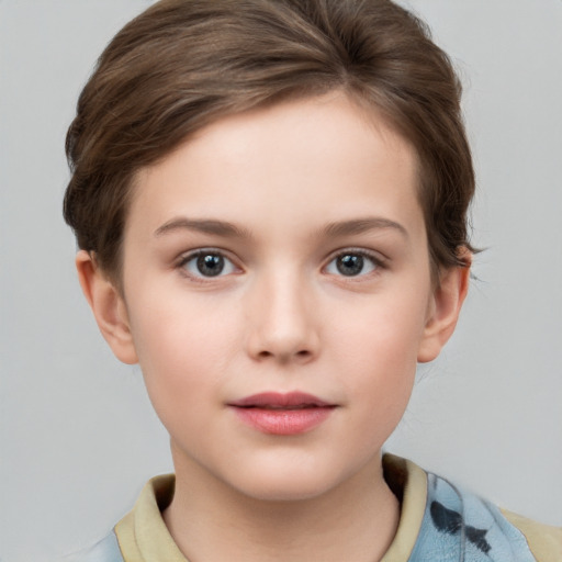 Neutral white child female with short  brown hair and grey eyes