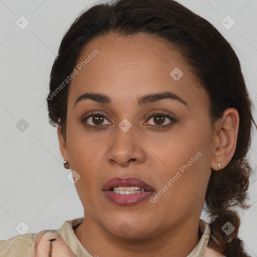 Joyful latino young-adult female with medium  brown hair and brown eyes