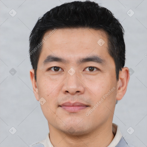 Neutral asian young-adult male with short  black hair and brown eyes