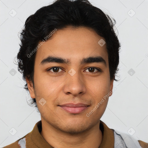 Neutral latino young-adult male with short  brown hair and brown eyes