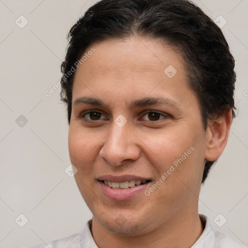 Joyful white young-adult female with short  brown hair and brown eyes