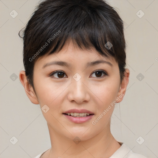 Joyful asian young-adult female with short  brown hair and brown eyes