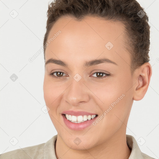 Joyful white young-adult female with short  brown hair and brown eyes