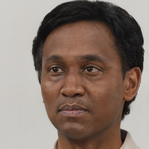 Neutral black adult male with short  black hair and brown eyes