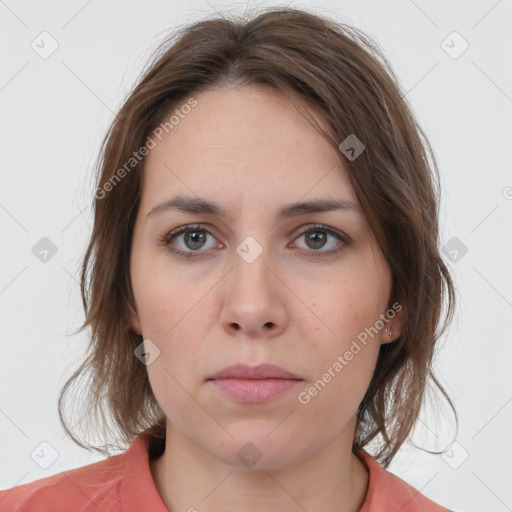 Neutral white young-adult female with medium  brown hair and brown eyes