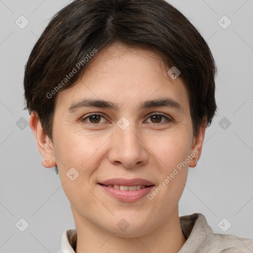 Joyful white young-adult female with short  brown hair and brown eyes