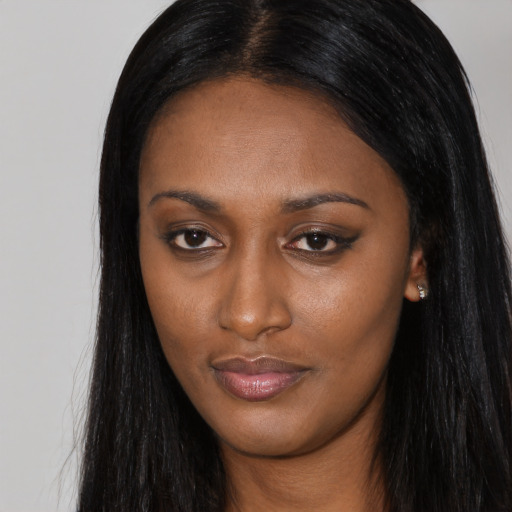 Neutral asian young-adult female with long  black hair and brown eyes
