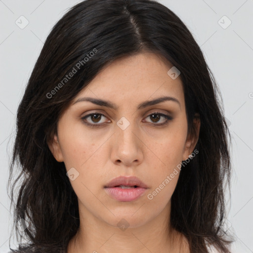 Neutral asian young-adult female with long  brown hair and brown eyes