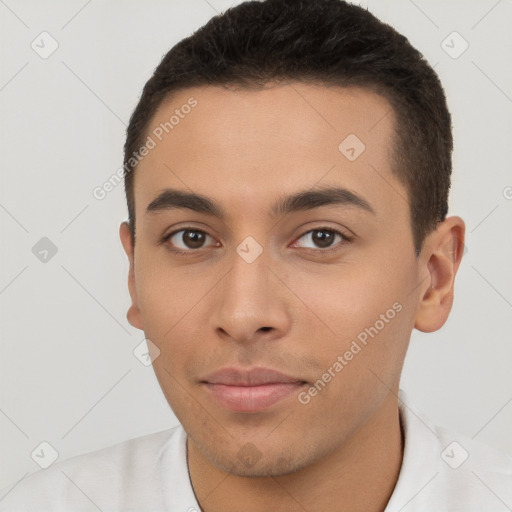 Neutral white young-adult male with short  brown hair and brown eyes