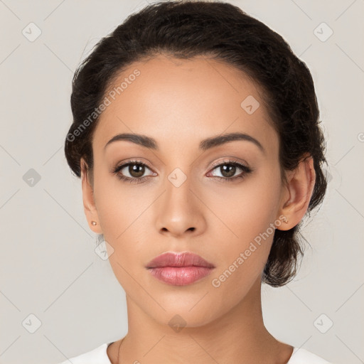 Neutral white young-adult female with medium  black hair and brown eyes