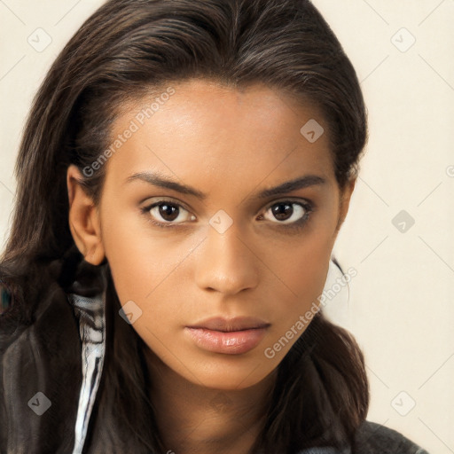 Neutral white young-adult female with long  brown hair and brown eyes