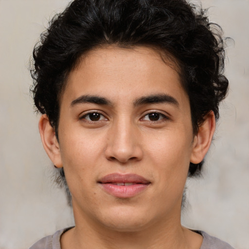 Joyful white young-adult male with medium  brown hair and brown eyes