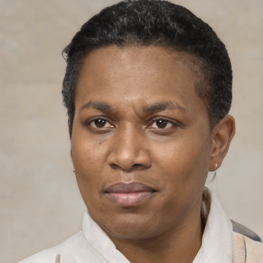 Neutral black young-adult female with short  black hair and brown eyes