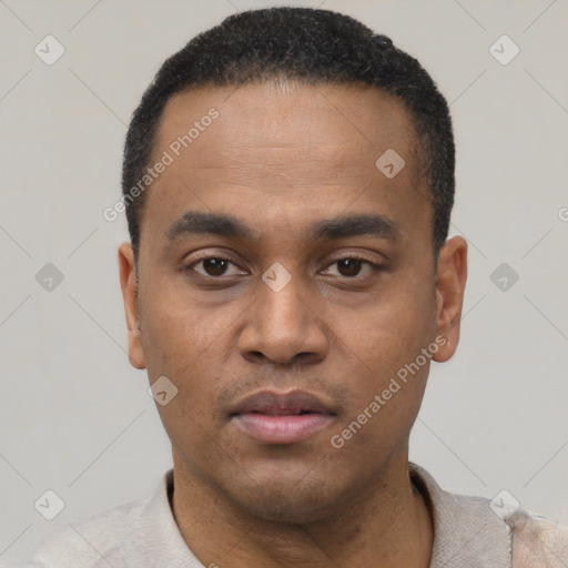 Neutral latino young-adult male with short  black hair and brown eyes