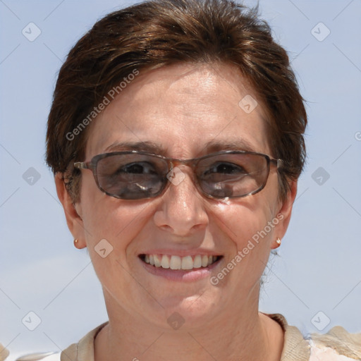 Joyful white adult female with short  brown hair and brown eyes