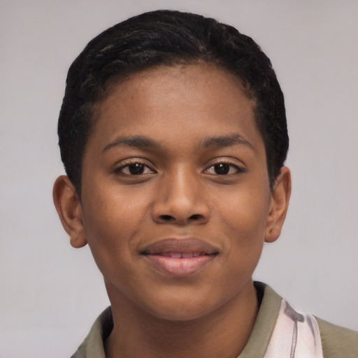 Joyful latino young-adult female with short  black hair and brown eyes