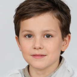 Joyful white child female with short  brown hair and brown eyes