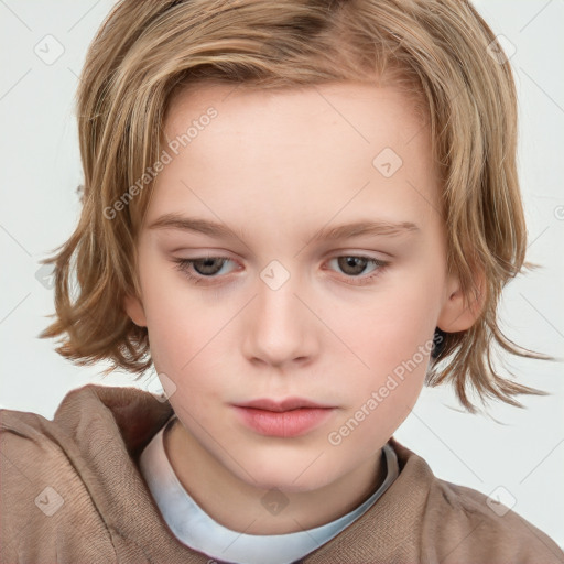 Neutral white child female with medium  brown hair and grey eyes