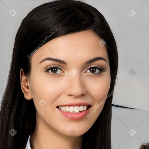 Joyful white young-adult female with long  black hair and brown eyes