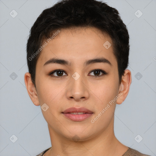 Joyful asian young-adult female with short  black hair and brown eyes