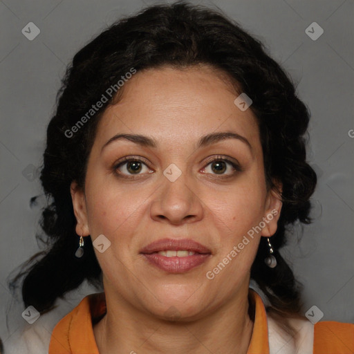 Joyful black adult female with medium  brown hair and brown eyes