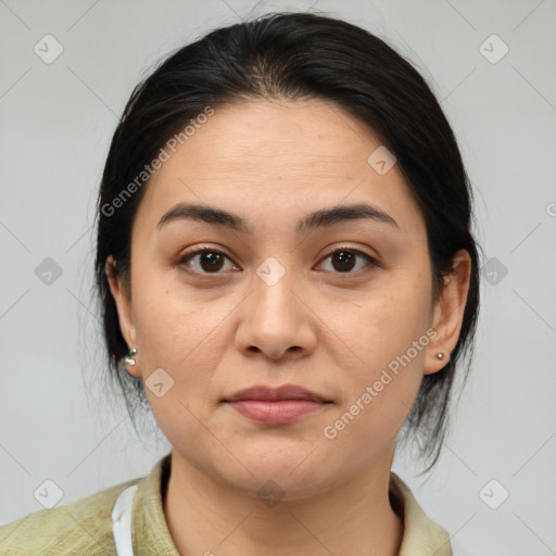 Joyful white young-adult female with medium  brown hair and brown eyes