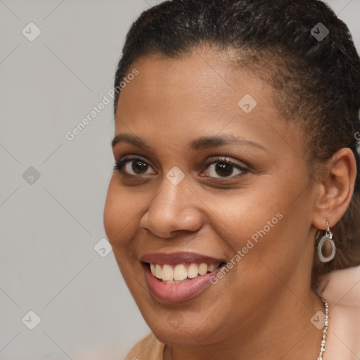 Joyful latino young-adult female with short  brown hair and brown eyes