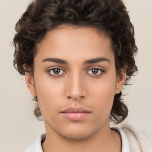 Neutral white young-adult female with short  brown hair and brown eyes