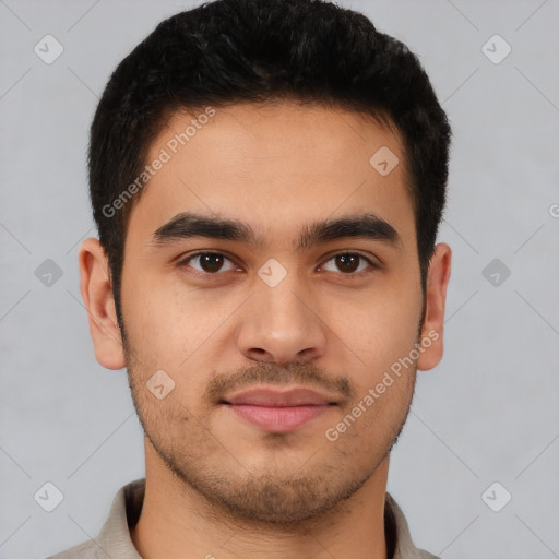 Joyful latino young-adult male with short  brown hair and brown eyes